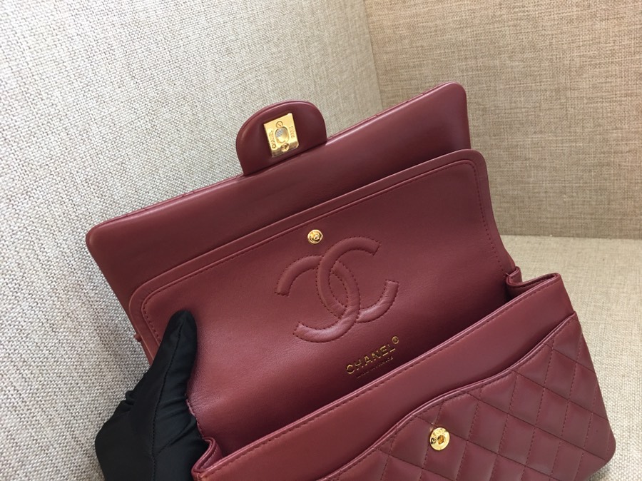 Medium Classic Flap Lambskin Bag AO1112 Dark Red/Gold